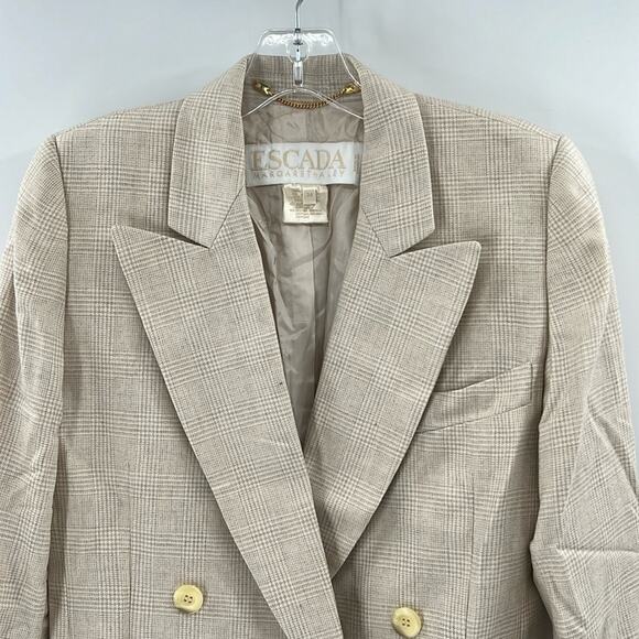 Escada Jackets & Blazers - Escada Women's Silk/Cashmere Plaid Double Breasted Blazer - Cream/Tan - 34